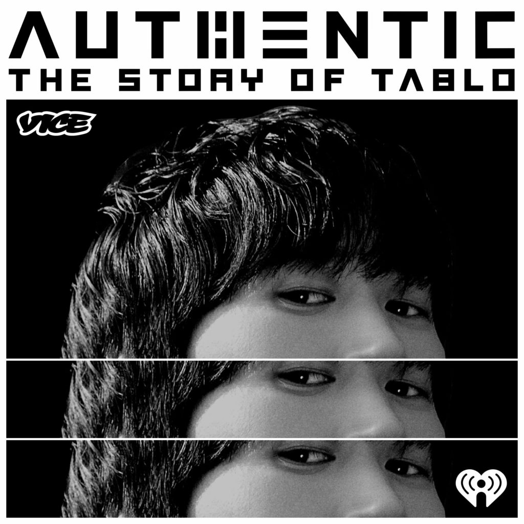 The cover image of Authentic: The Story of Tablo podcast. It is a black and white image showing three stacked images of the top half of Tablo's face.
