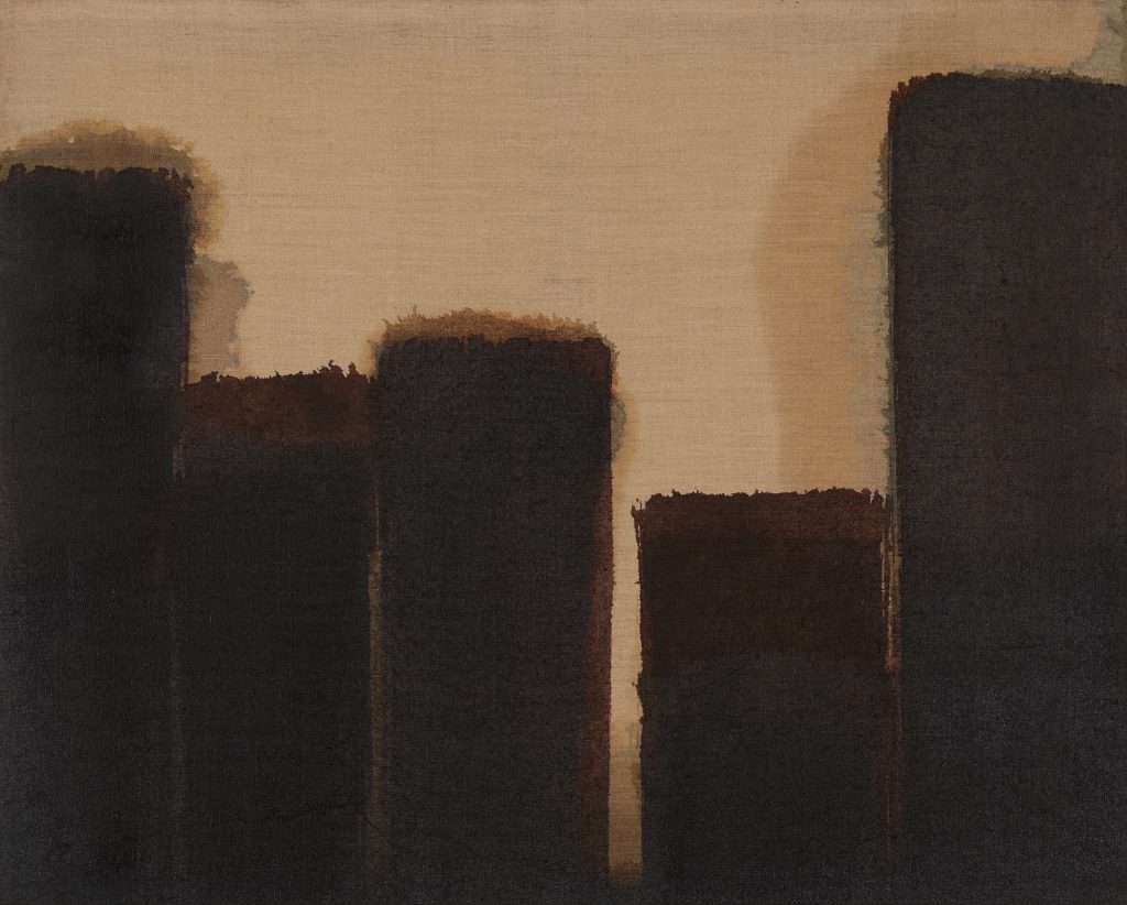 An image of an artwork by Yun Hyong-keun. It's a monochrome painting of several bars of varying heights.