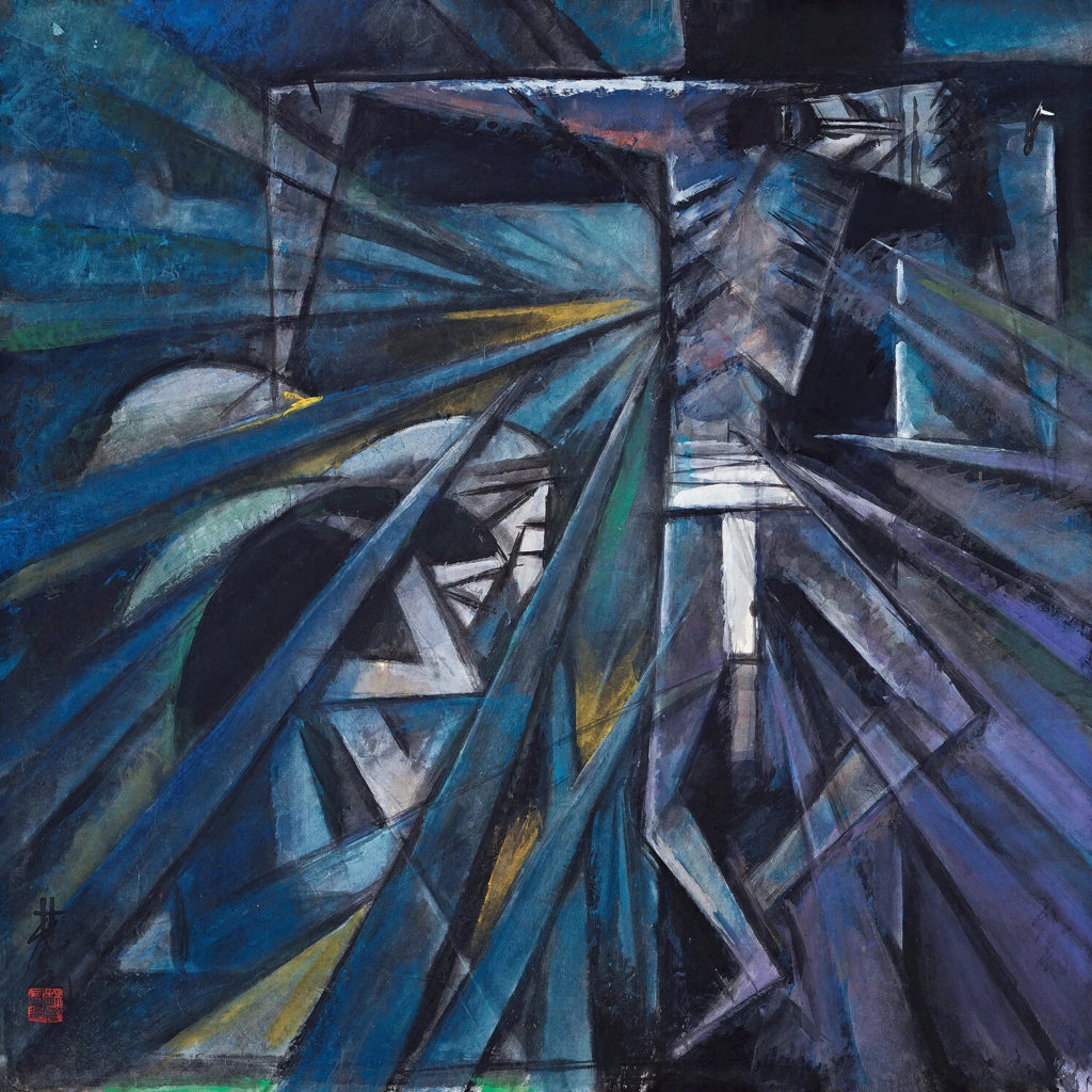 An image of the painting The Passion of Christ by Lin Fengmian. It is an abstract piece in mostly cool colours, depicting Christ on the cross.