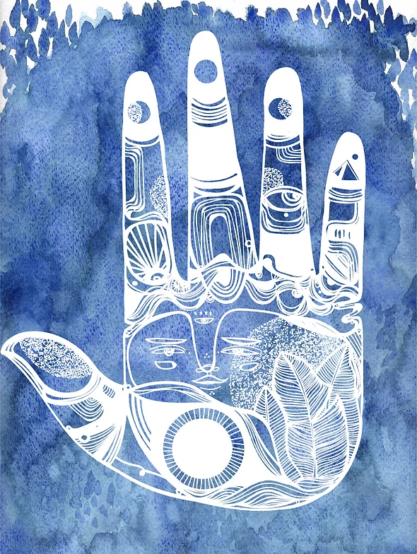 An image of an illustration by Shyama Kuver. It shows a hand raised up with the palm facing the viewer. The palm is covered in patterns and symbols.