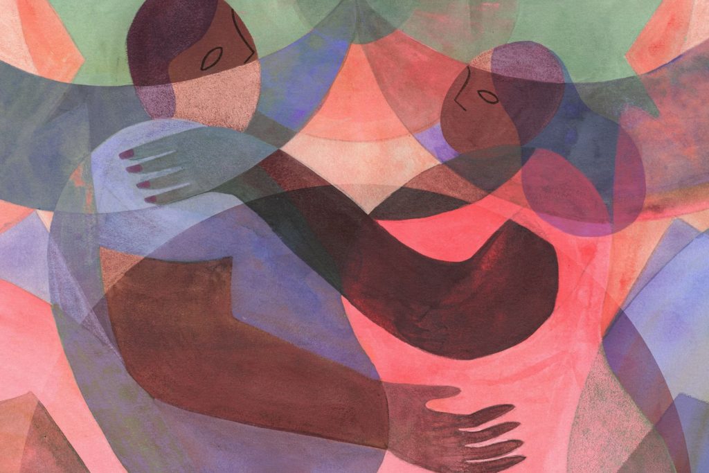 An illustration by Sirin Thada. It depicts two people, slightly in abstract, with their arms around each other. They appear to be dancing.