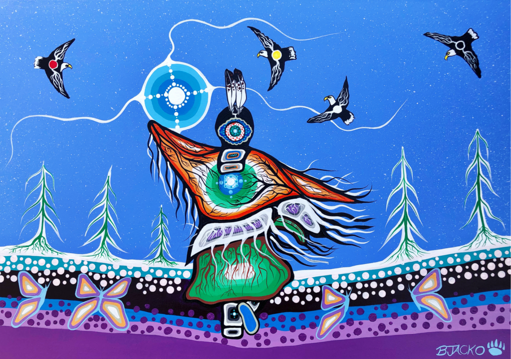 An image of an artwork by Brandon Jacko. It depicts an Indigenous dancer outside with birds flying overhead.