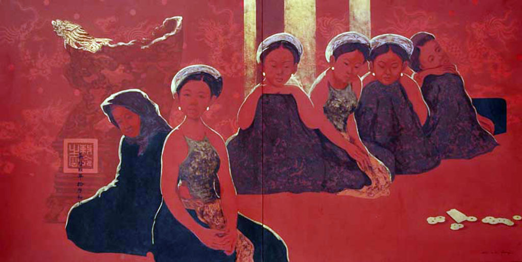 An image of an artwork by Bui Huu Hung. It shows six women sitting in a line of various ages. Their clothes are black and grey, while the rest of the piece is red.