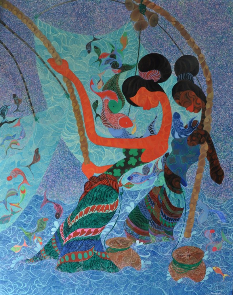 An image of a painting by Marisa Darasavath. It depicts two women, standing in water holding fishing poles, and it is primarily done in bright blue colours.