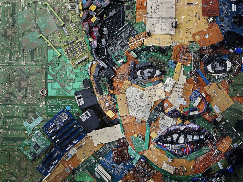 An image of an artwork by Nor Tijan Firdaus. It is an image of a women looking directly at the viewer, and the materials are entirely made from electronic waste.