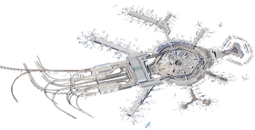 An image by Jenny Odell of an airport as seen from a satellite. The ground has been removed, so the terminals and buildings are just surrounded by empty white space.