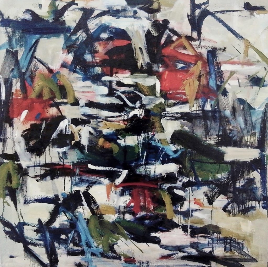 A photo of a painting by Oonju Chun. It is an abstract work of colours and lines.