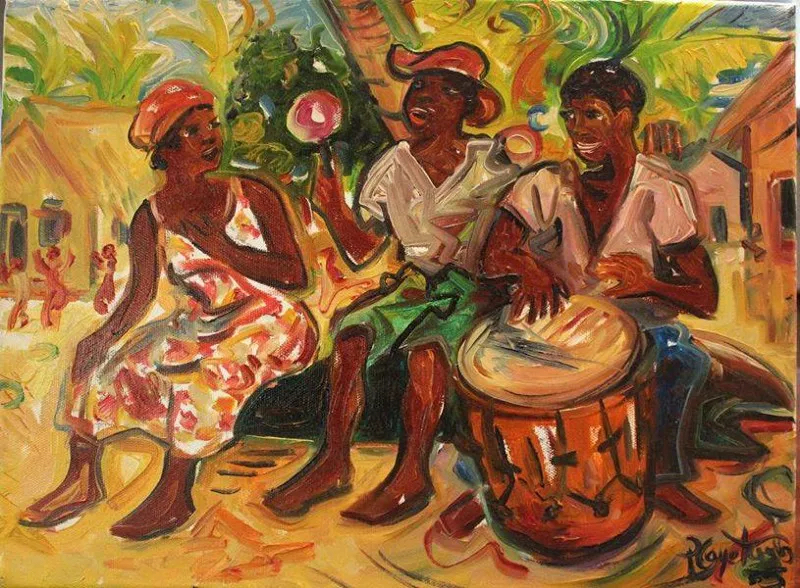 An image of a painting by Pen Cayetano. It depicts three people sitting outside in a line playing music. The man on the right is playing a drum that is placed in front of him, and all three are singing.