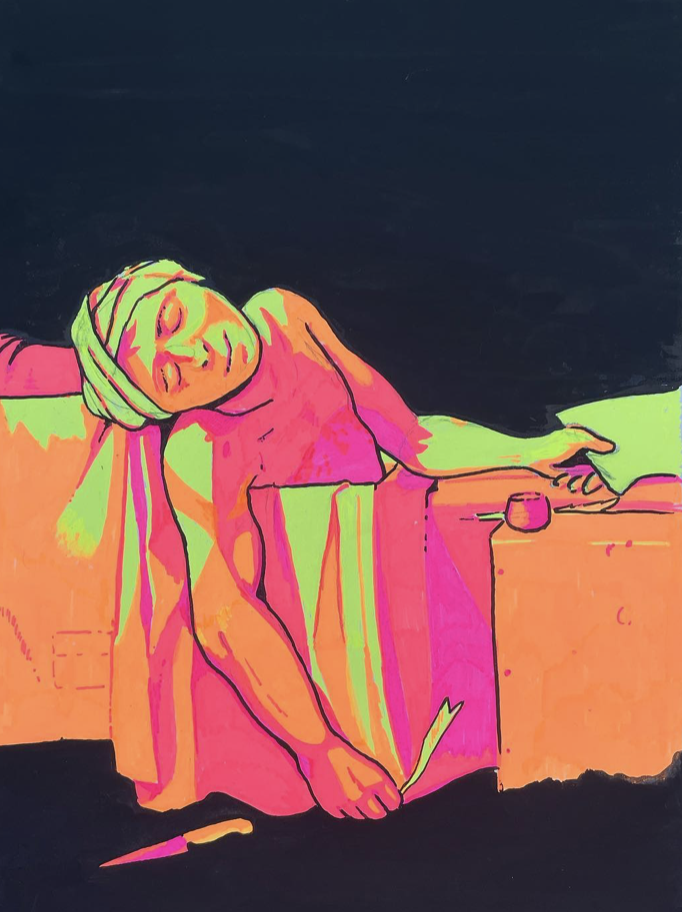 An image of The Death of Marat by Michiko Wild. It shows a man in a bathtub, lying dead with his arm over the side. The colours are bright fluorescents.