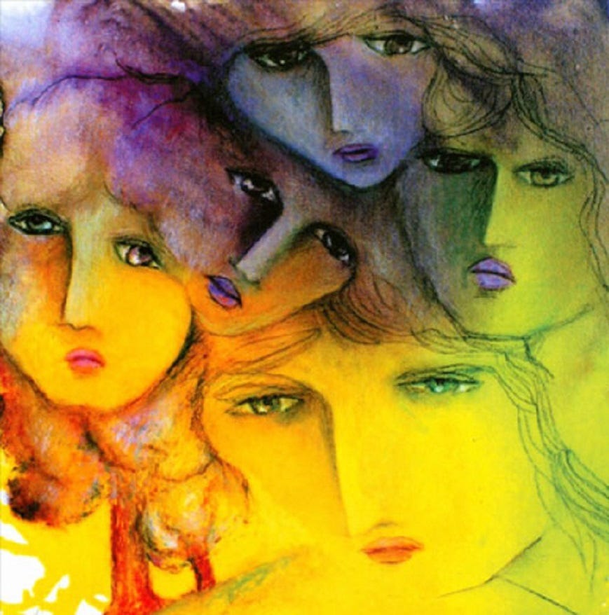 An image of a painting by Olga Blinder. It shows several human heads, crowded together, all painted in bright and vibrant colours.