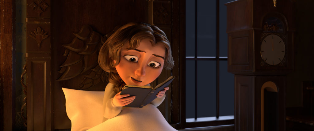 An animated still from the film Period Drama. It shows a young girl reading in bed at night.