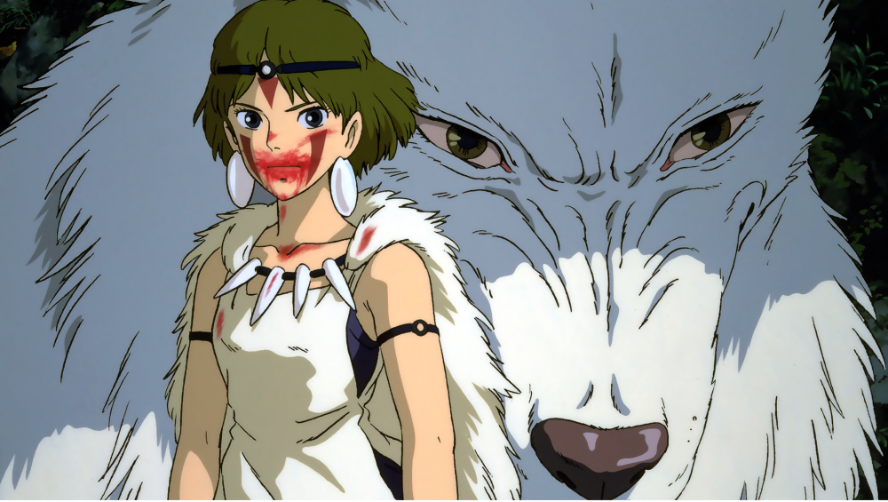 A photo still from Princess Mononoke. It shows the titular princess with blood smeared across her face standing next to a giant white wolf.