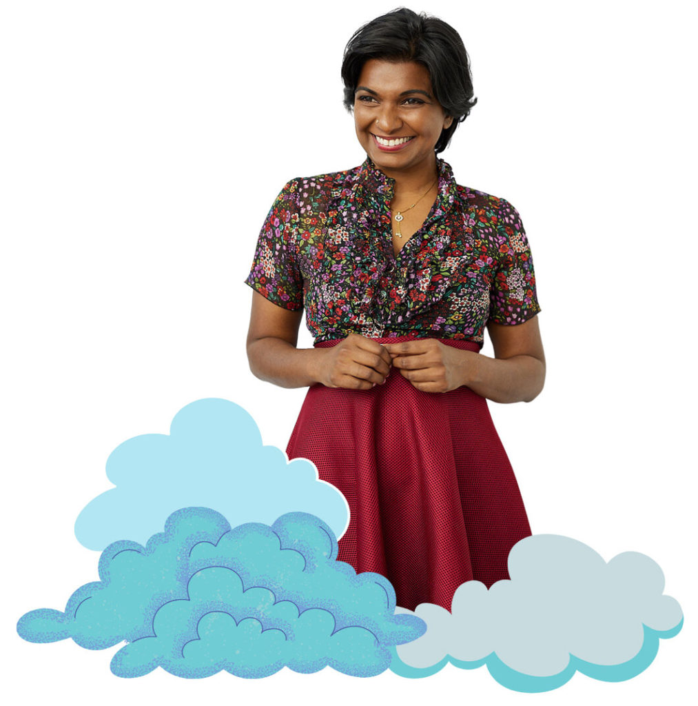 A promotional image of Gaya Arasaratnam for Snuggle Close Stories. She is smiling into the camera, and standing above animated blue clouds.