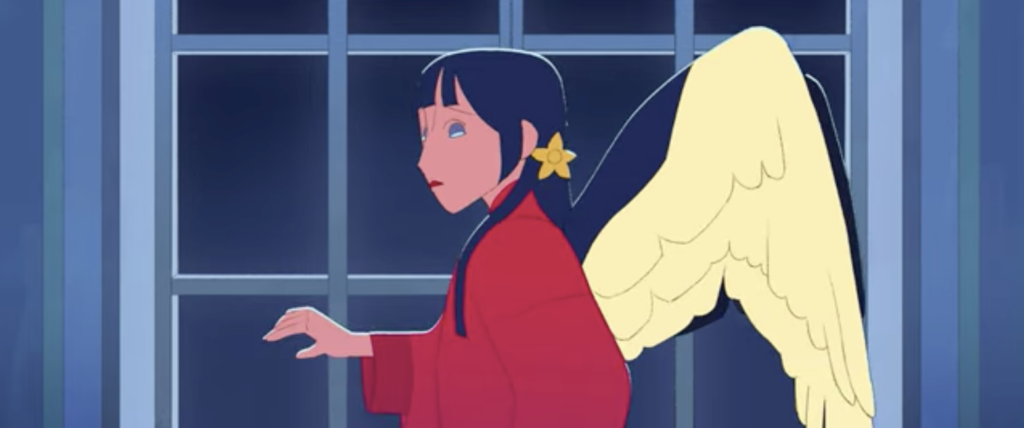 A still from the animated short film Swallowtail. It shows the bride with her wings open behind her, standing in front of a window.