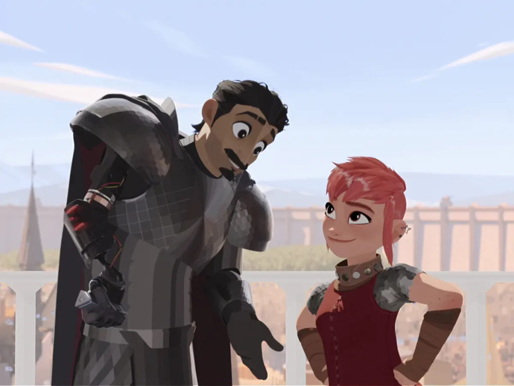 A photo still from Nimona. It shows Ballister and Nimona, standing side by side, talking to each other.