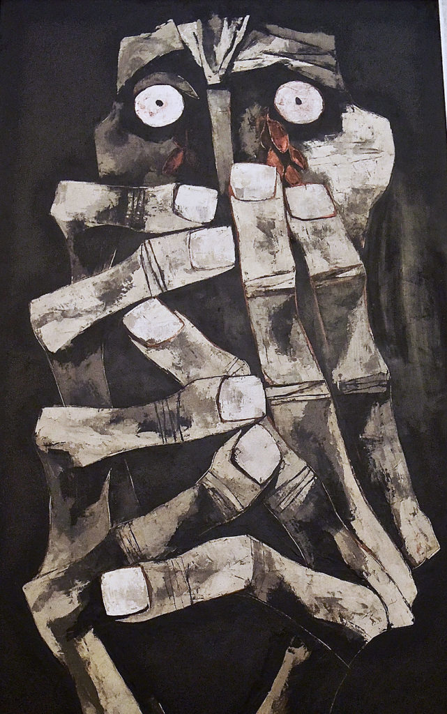 An image of a painting by Oswaldo Guayasamin. It is primarily black and white and shows an elderly figure holding his hands in front of his face.