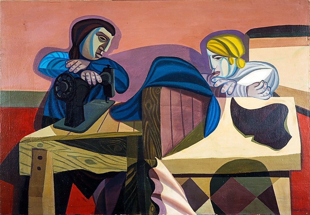 An image of a painting by Robert MacBryde of the two Roberts. It shows two women sewing at a table.