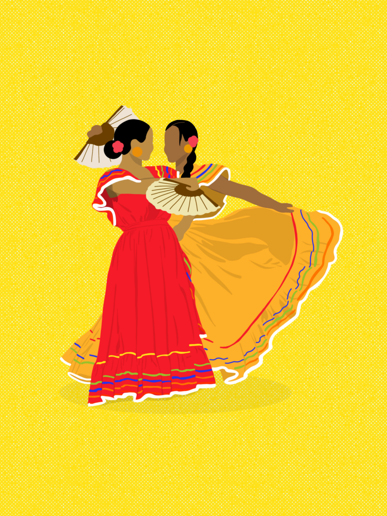 An image of an artwork by Smug Morenita. It depicts two Latina women dancing together and holding each other against a bright yellow background.