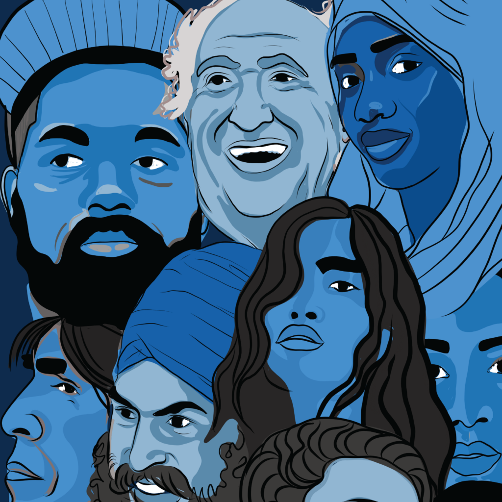 An image of a piece by Justine Swindell. The piece depicts several people of varying ages and ethnicities, and the entire piece is done in blue and black colours.