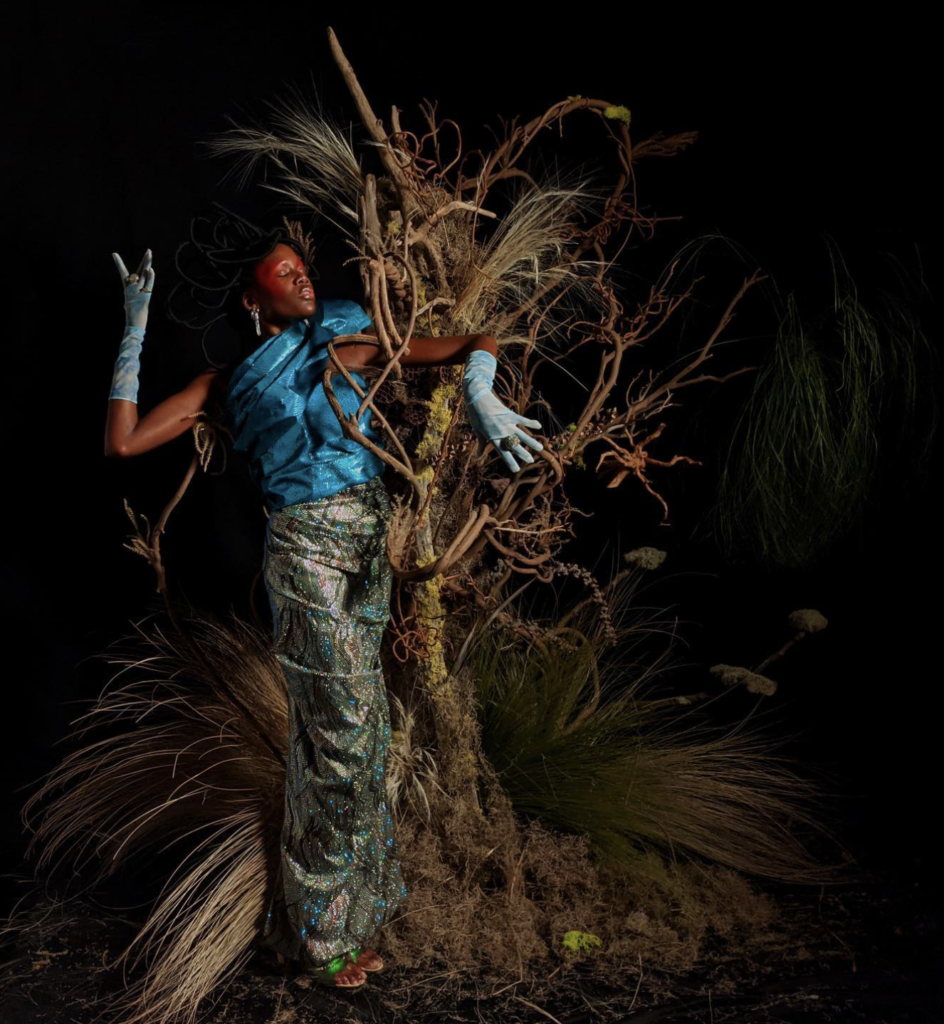 A photo of a botanical art piece by Lutfi Janania Zablah. The photo is of a woman in a shimmering blue and green outfit with her arm threaded through a botanical installation of tree branches against a black background.