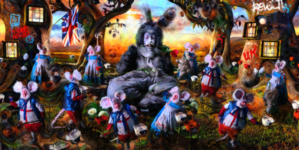 An image from Native Animals by Rachel Maclean. It shows a humanoid rabbit, surrounded by half a dozen smaller humanoid rabbits, who are all looking up at the bigger one in fear.