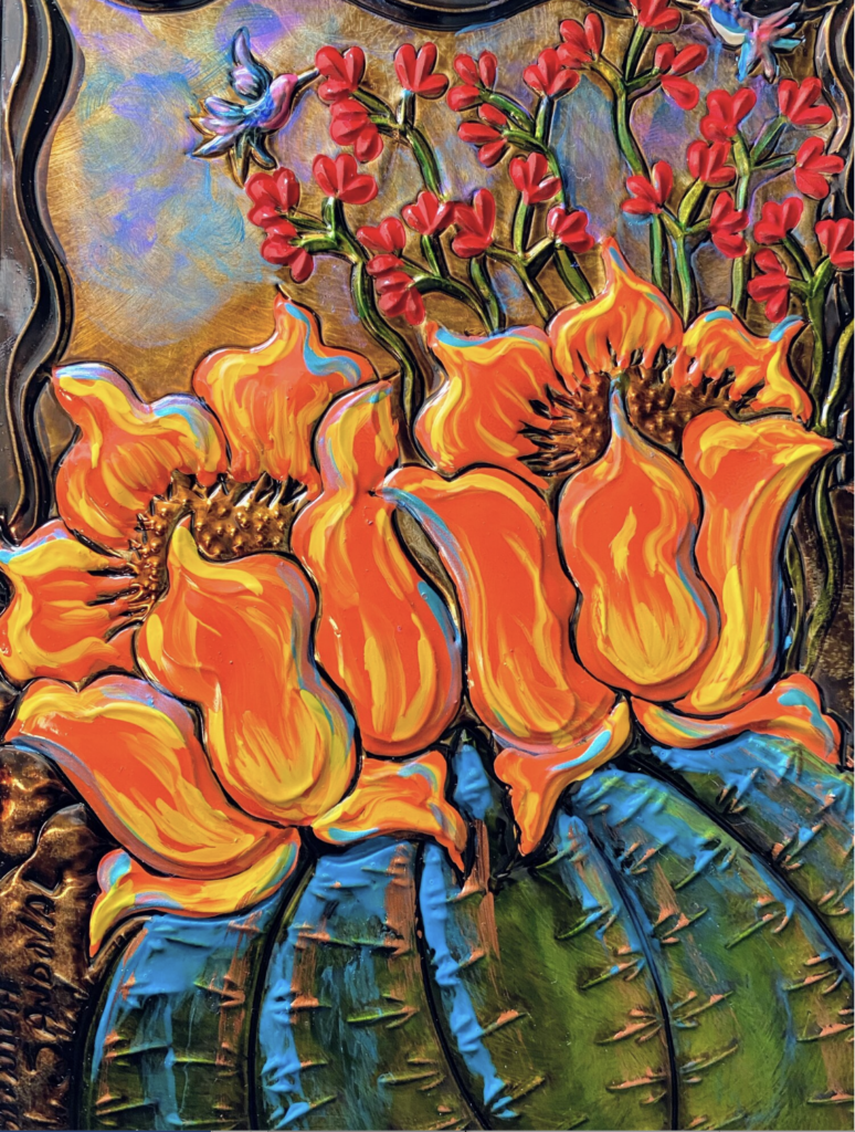 An image of a work of art by Veronica Sandoval. It shows two bright orange and yellow flowers in close up, with a colourful floral background.
