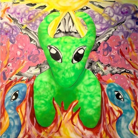 An artwork by Barnabas Lakatos Gelleri. It shows a bright green dragon-like figure facing the viewer against a brightly coloured background, with two blue snakes on either side.