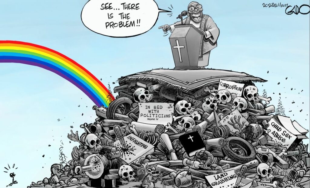 A political cartoon by Gado. It shows a preacher standing on top of a pile of bones of corruption who is pointing to a rainbow, saying "See... There is the problem!"