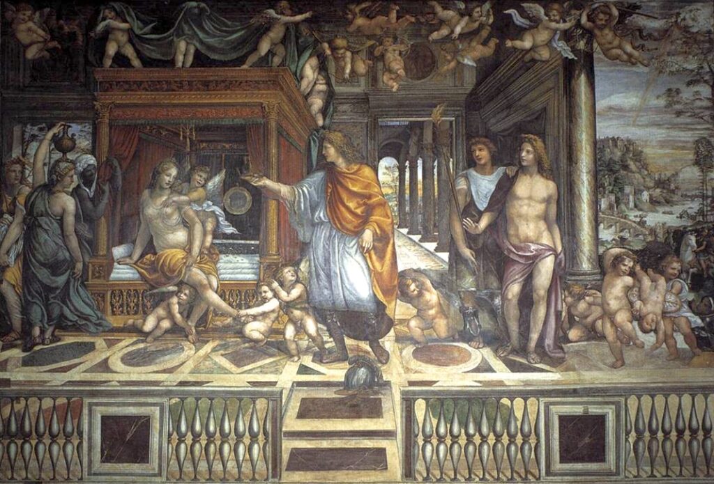 A painting by Il Sodoma. It shows Alexander the Great heading to bed with his wife on their wedding night, while Hephaestion watches from the corner of the room, practically naked.