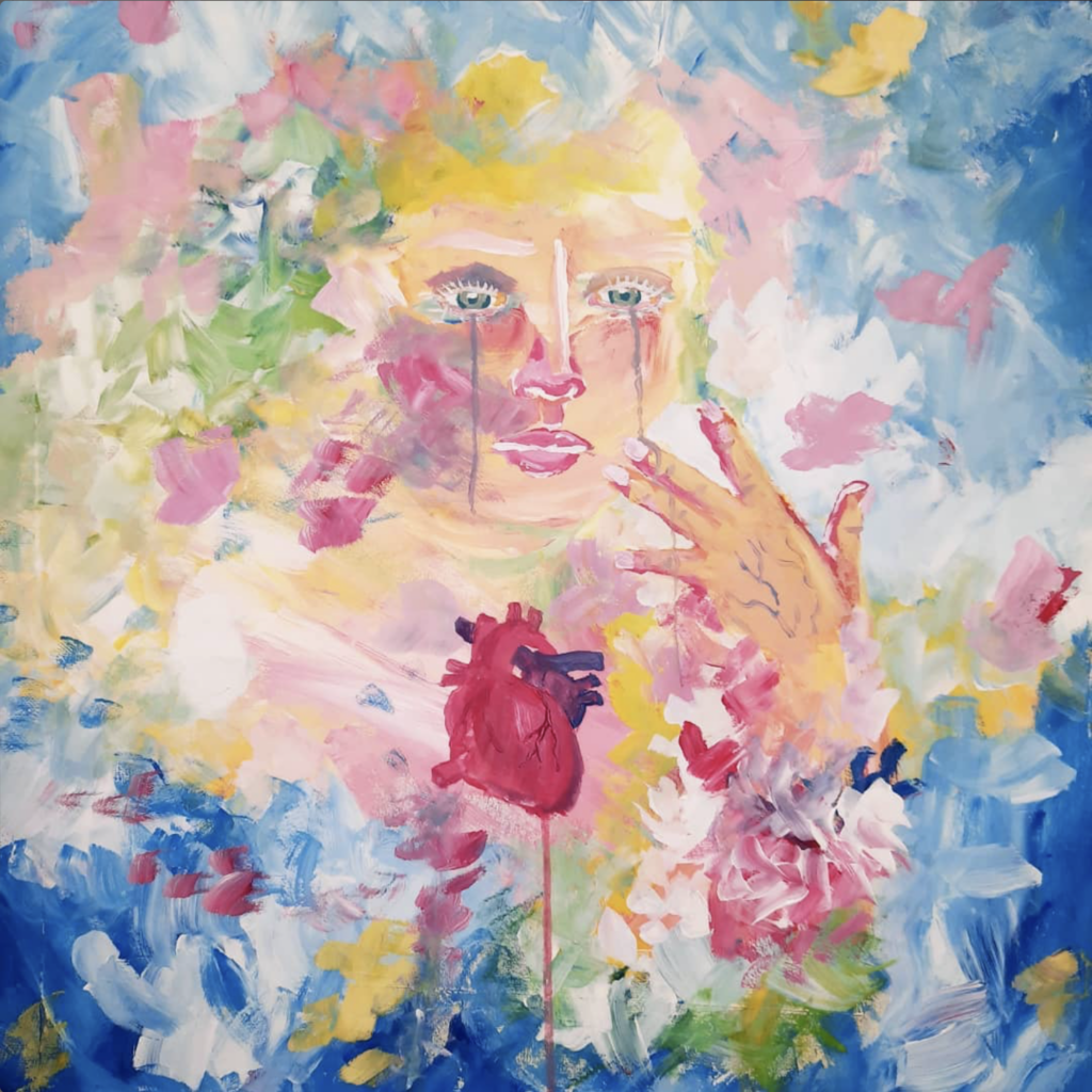 An artwork by Regn Sólmundur Evu. It depicts a brightly covered abstract background with a visible face in the centre, a hand reaching up to the face, and a heart on pole below them.