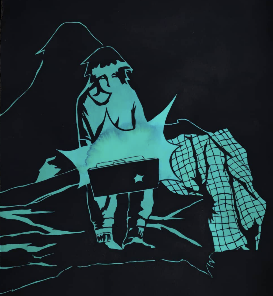 An image by Alex Kochan. It shows a figure sitting on a bed looking at a laptop screen in the dark. Their face and upper body are illuminated by the light of the screen. The silhouette is in a teal green, and the rest is black.
