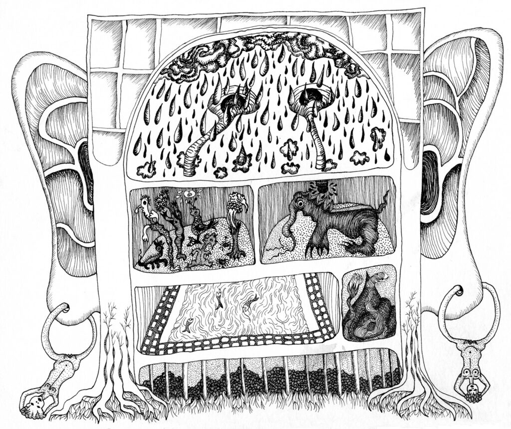 A graphic design piece by Sophie Podolski. It's black and white showing an abstract and surreal image of a being's head. The eyes are windows with animals for pupils.