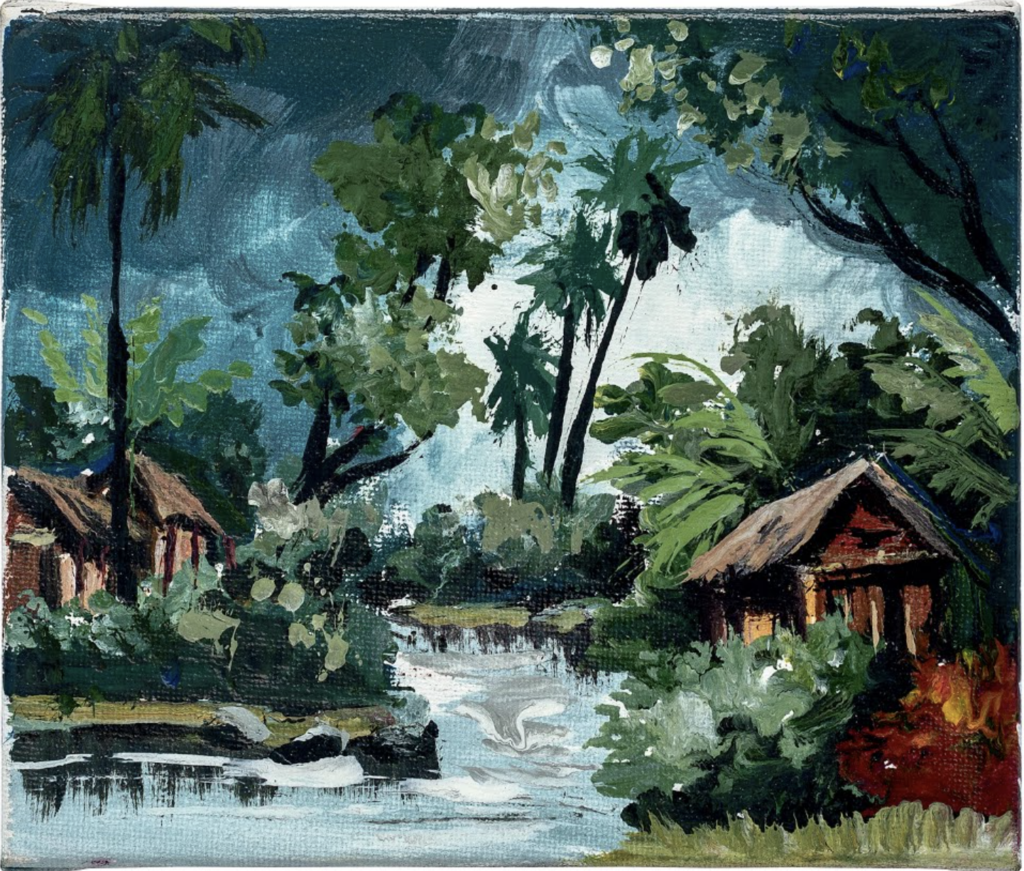 An image by Tolotra Andriambololona. It shows a river running through the forest with wooden houses on either side.