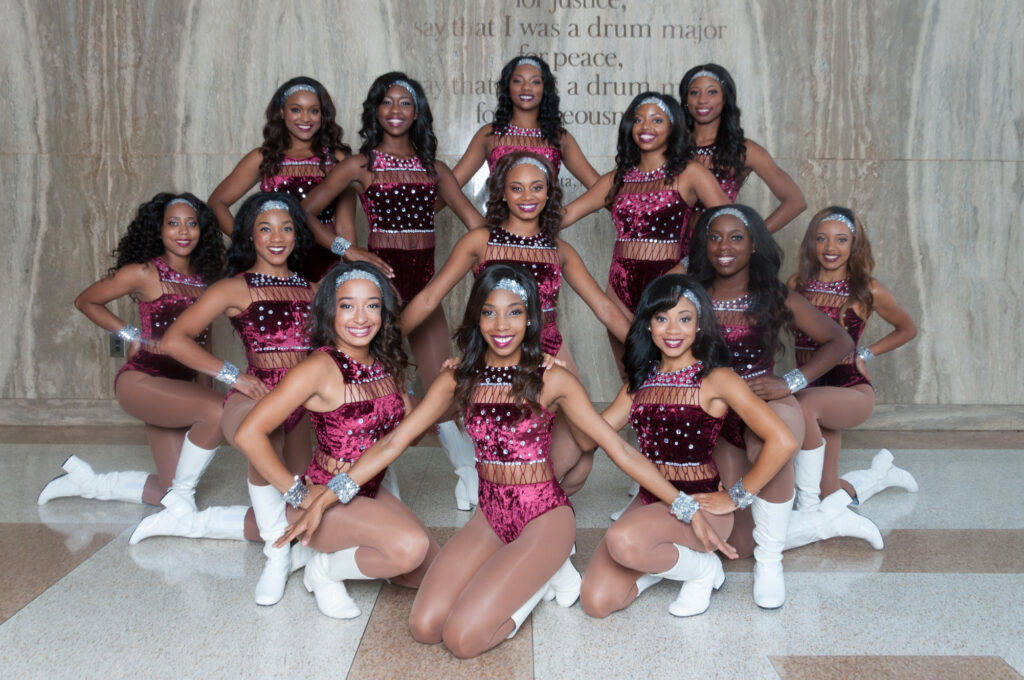 A photo of the dancers of Mahogany-N-Motion. They are posed in a group, all wearing pink leotards, looking directly into the camera.