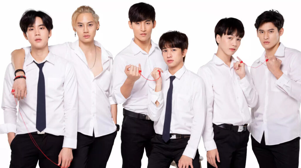 A promotional photo for Until We Meet Again. It shows the six main cast members standing in a line wearing black pants and white dress shirts. Each couple is connected by a red string attached to their fingers.